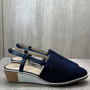 VANELi Greer Sandals Womens 10W Stretch Knit Slingback Wedge Round Toe Navy Blue